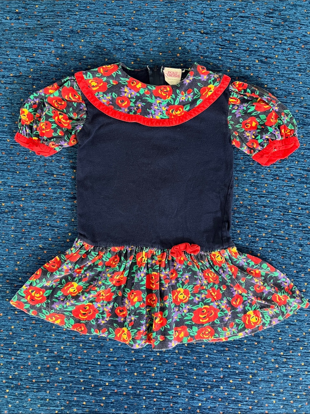 Vintage 80/90’s Polly Flinders Floral Navy & Red Kids Dress w/ pouf sleeves sz 5